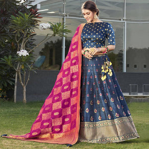 Blue Festive Wear Embroidery With Woven Silk Lehenga Choli - Peachmode