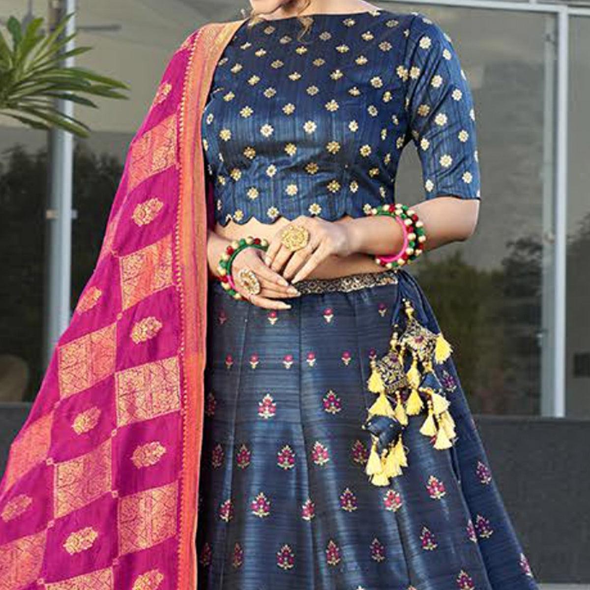 Blue Festive Wear Embroidery With Woven Silk Lehenga Choli - Peachmode