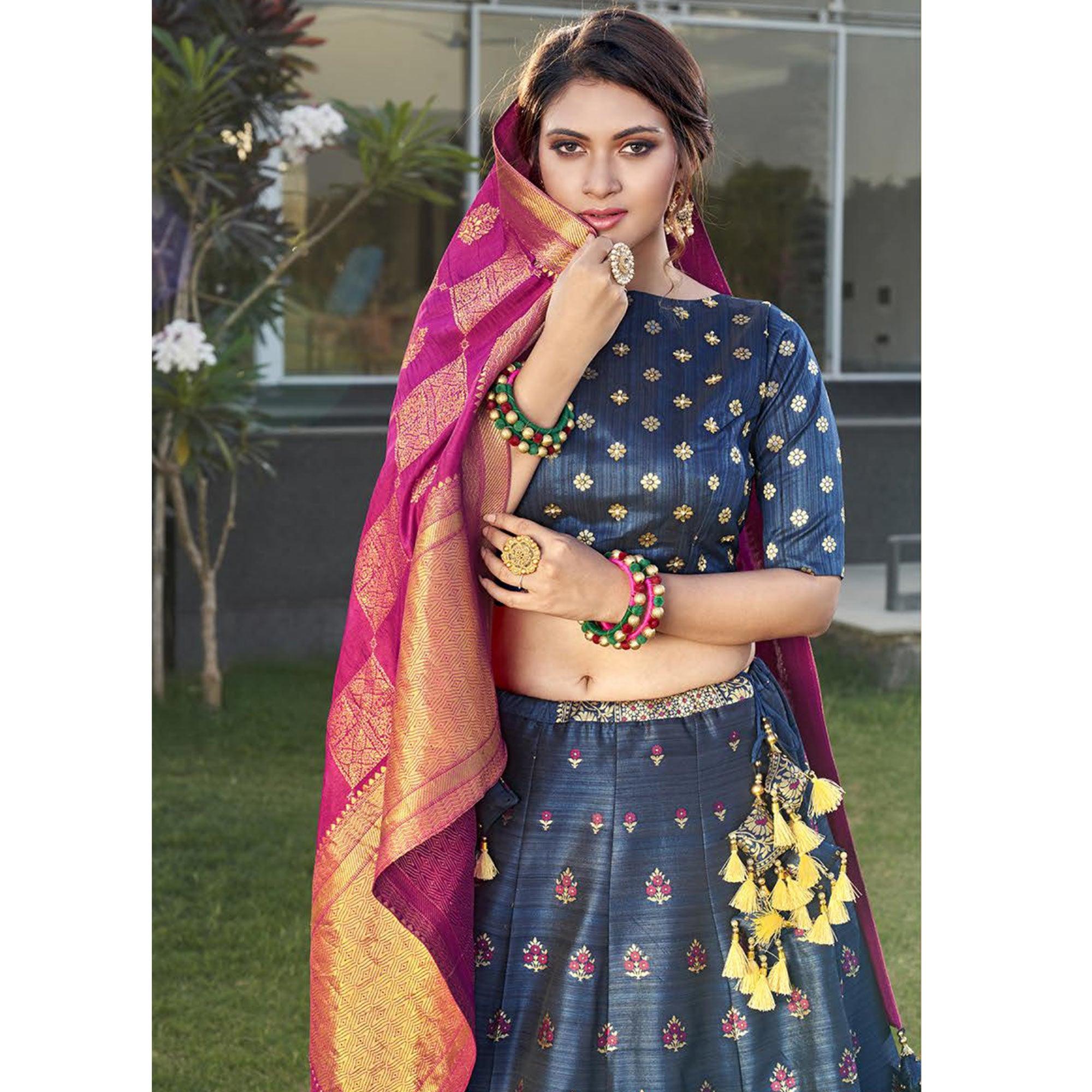 Blue Festive Wear Embroidery With Woven Silk Lehenga Choli - Peachmode