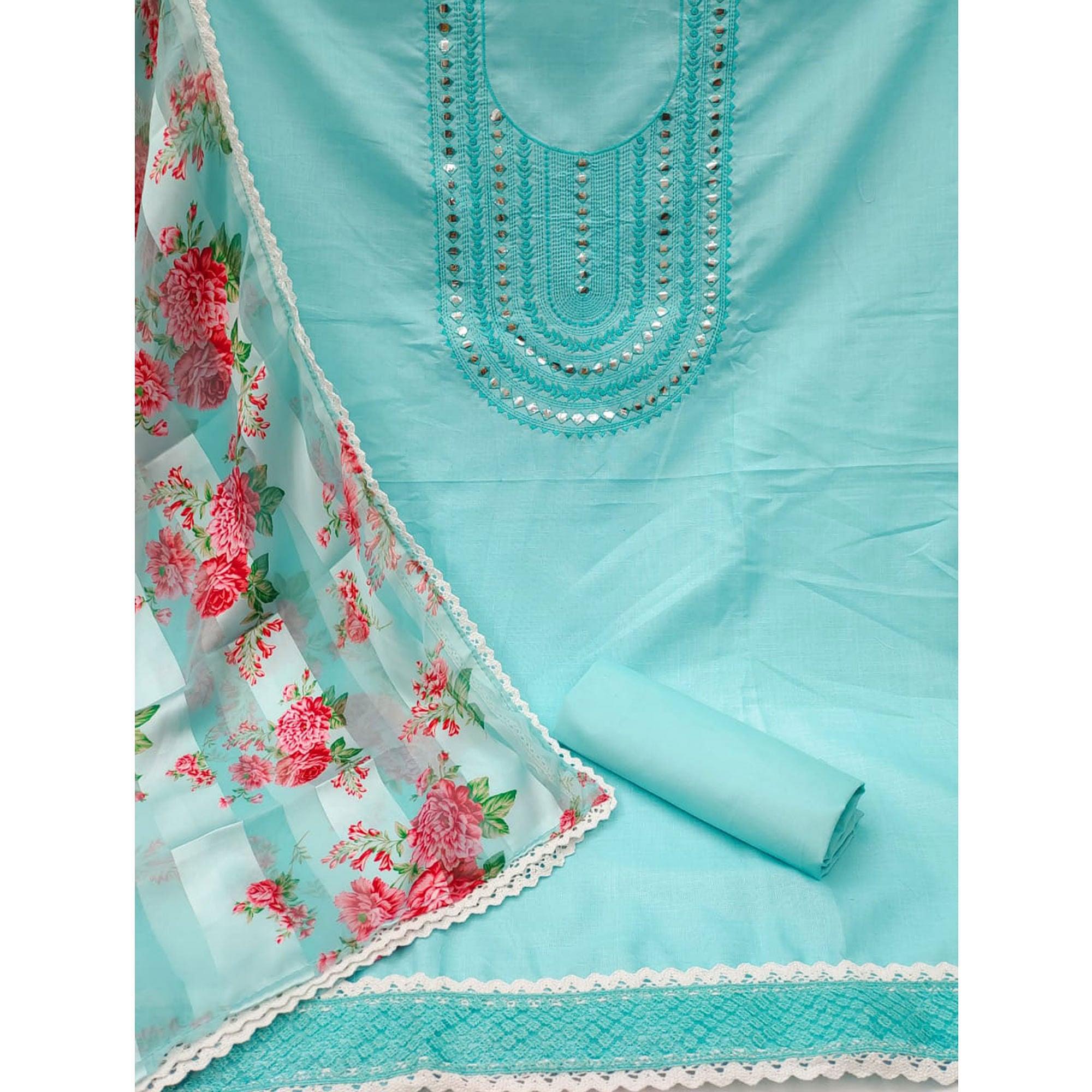 Blue Festive Wear Emebllished With Embroidered Cotton Dress Material - Peachmode