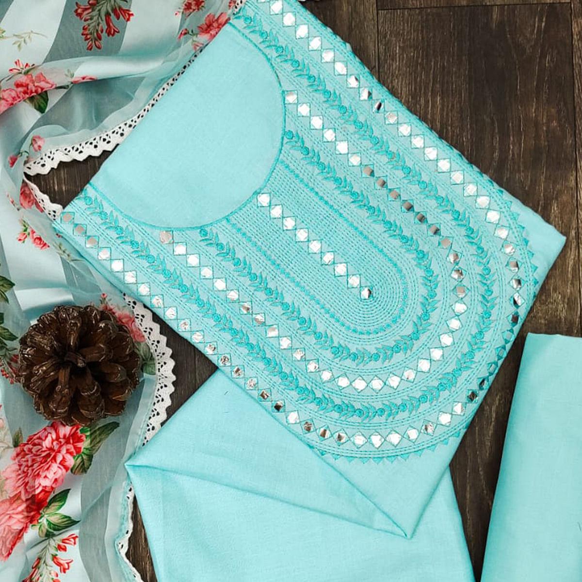 Blue Festive Wear Emebllished With Embroidered Cotton Dress Material - Peachmode