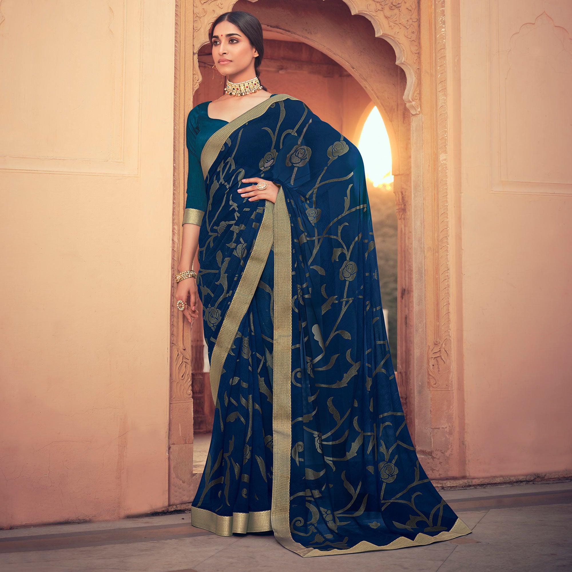 Blue Festive Wear Fancy Smoke Printed Georgette Saree Fancy Lace - Peachmode