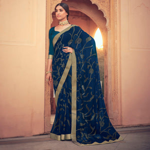 Blue Festive Wear Fancy Smoke Printed Georgette Saree Fancy Lace - Peachmode