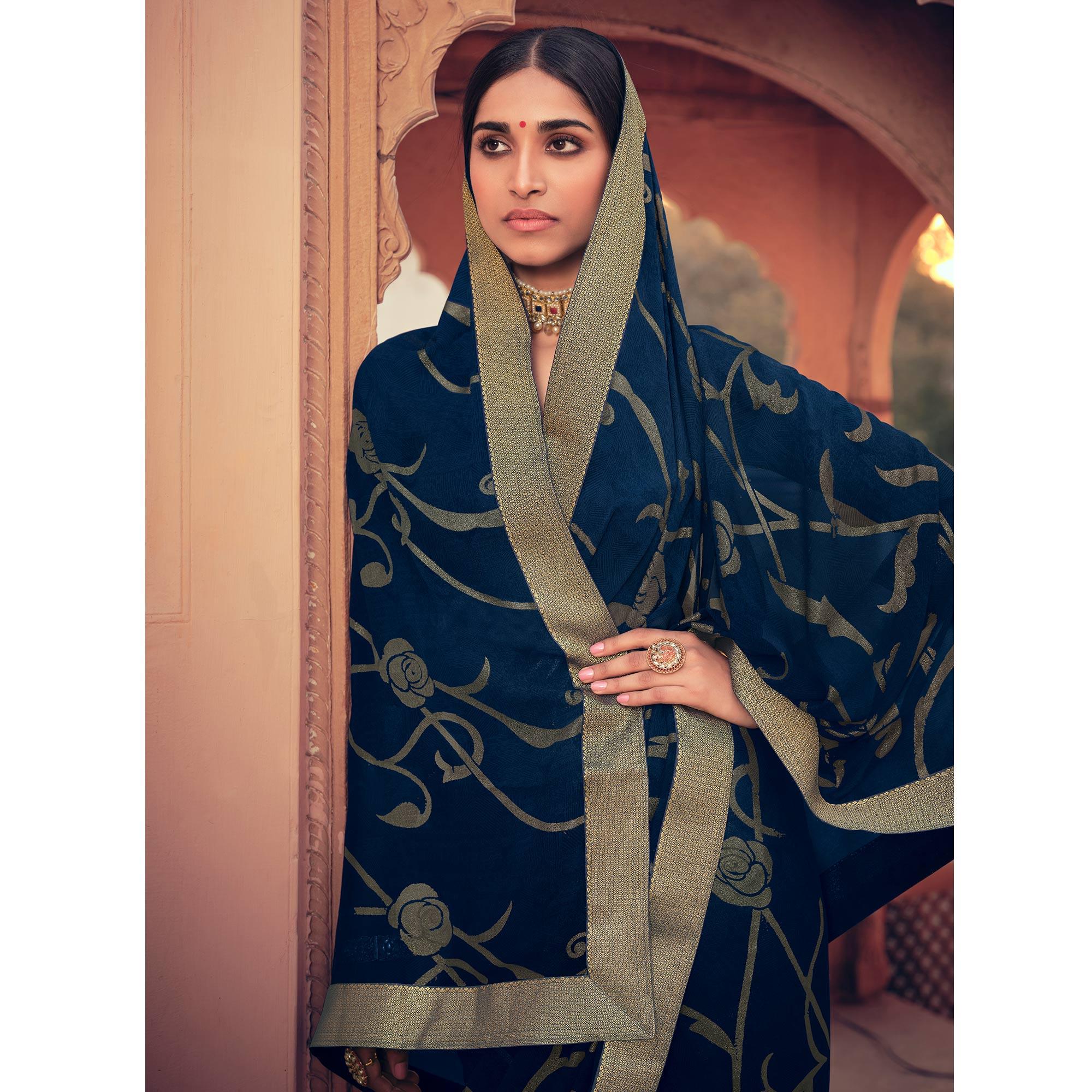 Blue Festive Wear Fancy Smoke Printed Georgette Saree Fancy Lace - Peachmode