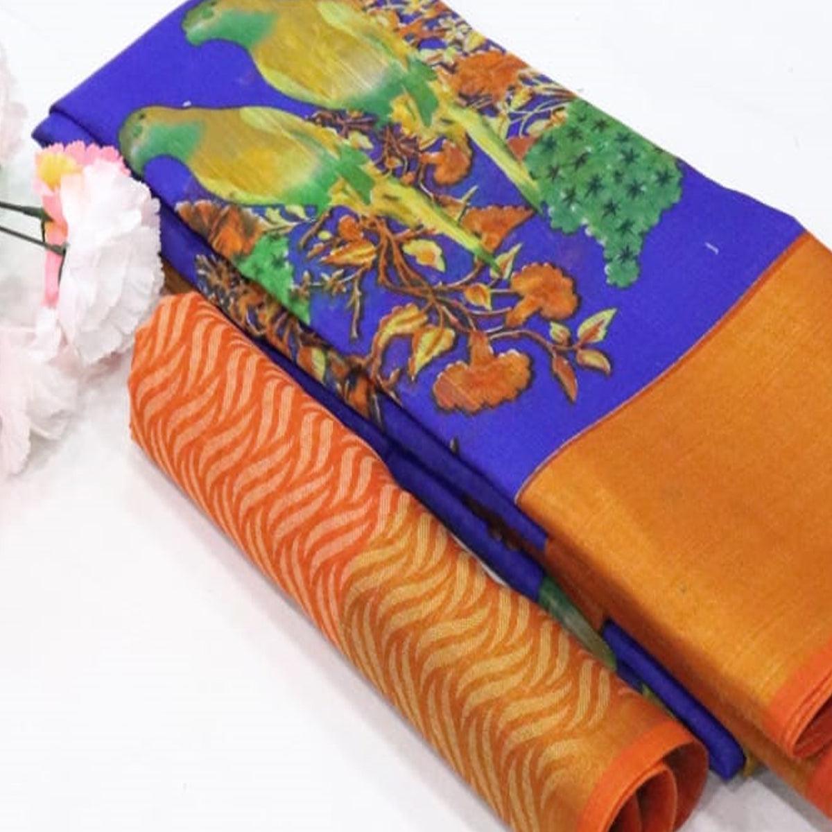 Blue Festive Wear Floral Digital Print With Sonakshi Zari Border Cotton Saree - Peachmode