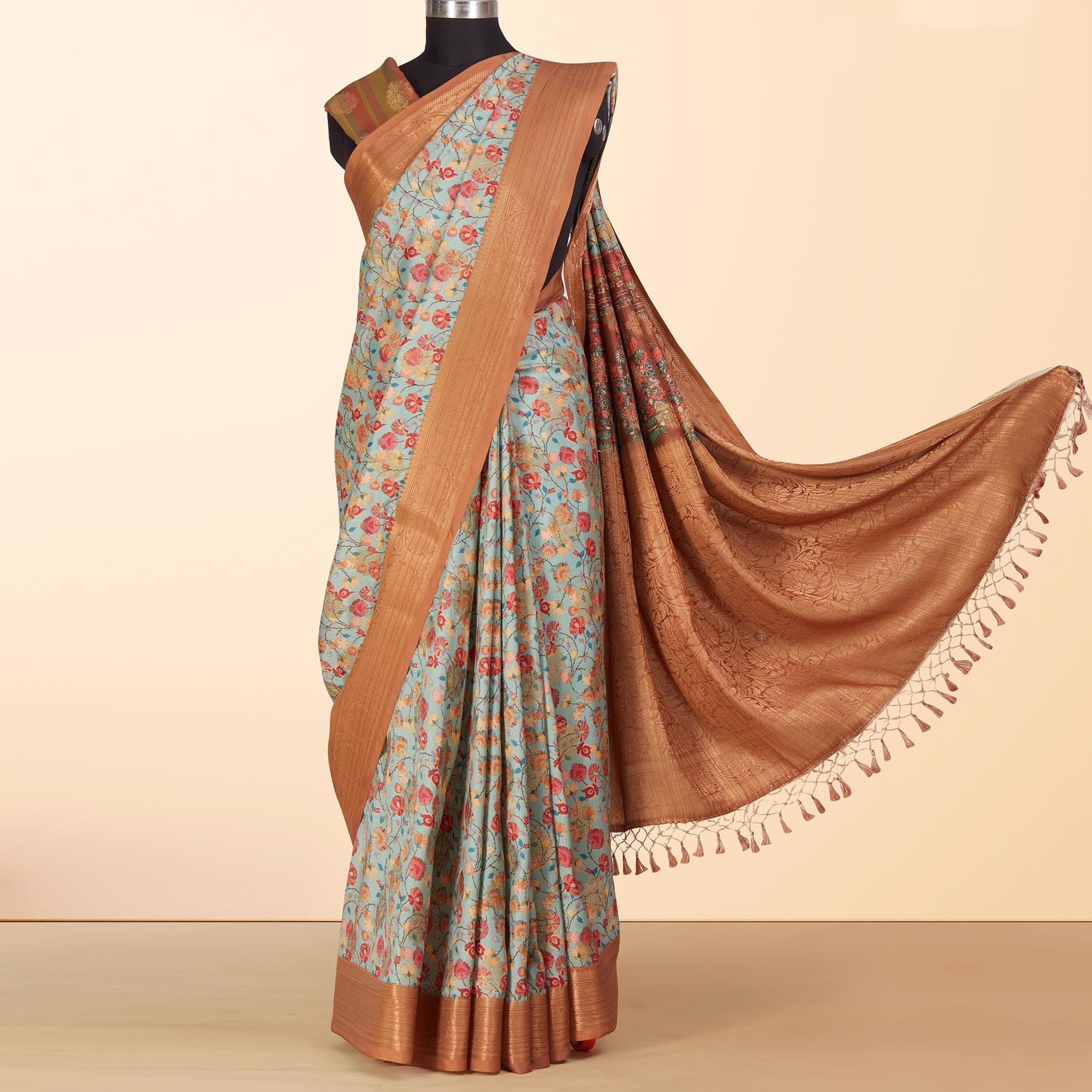 Blue Festive Wear Floral Digital Printed Woven Silk Saree - Peachmode