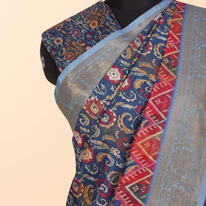 Blue Festive Wear Floral Digital Printed Woven Silk Saree - Peachmode