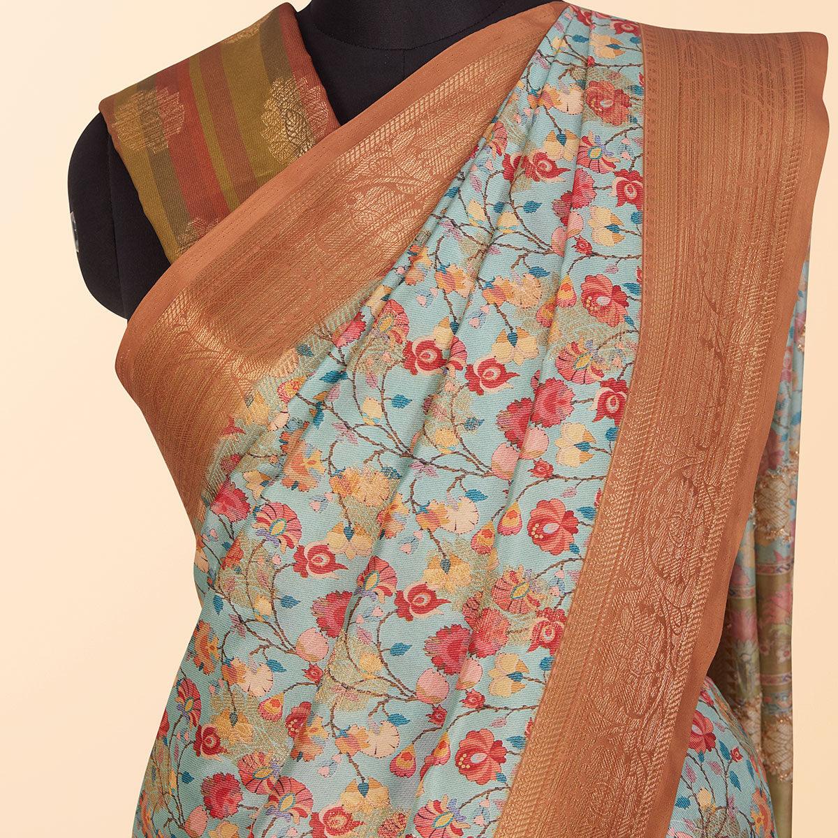Blue Festive Wear Floral Digital Printed Woven Silk Saree - Peachmode