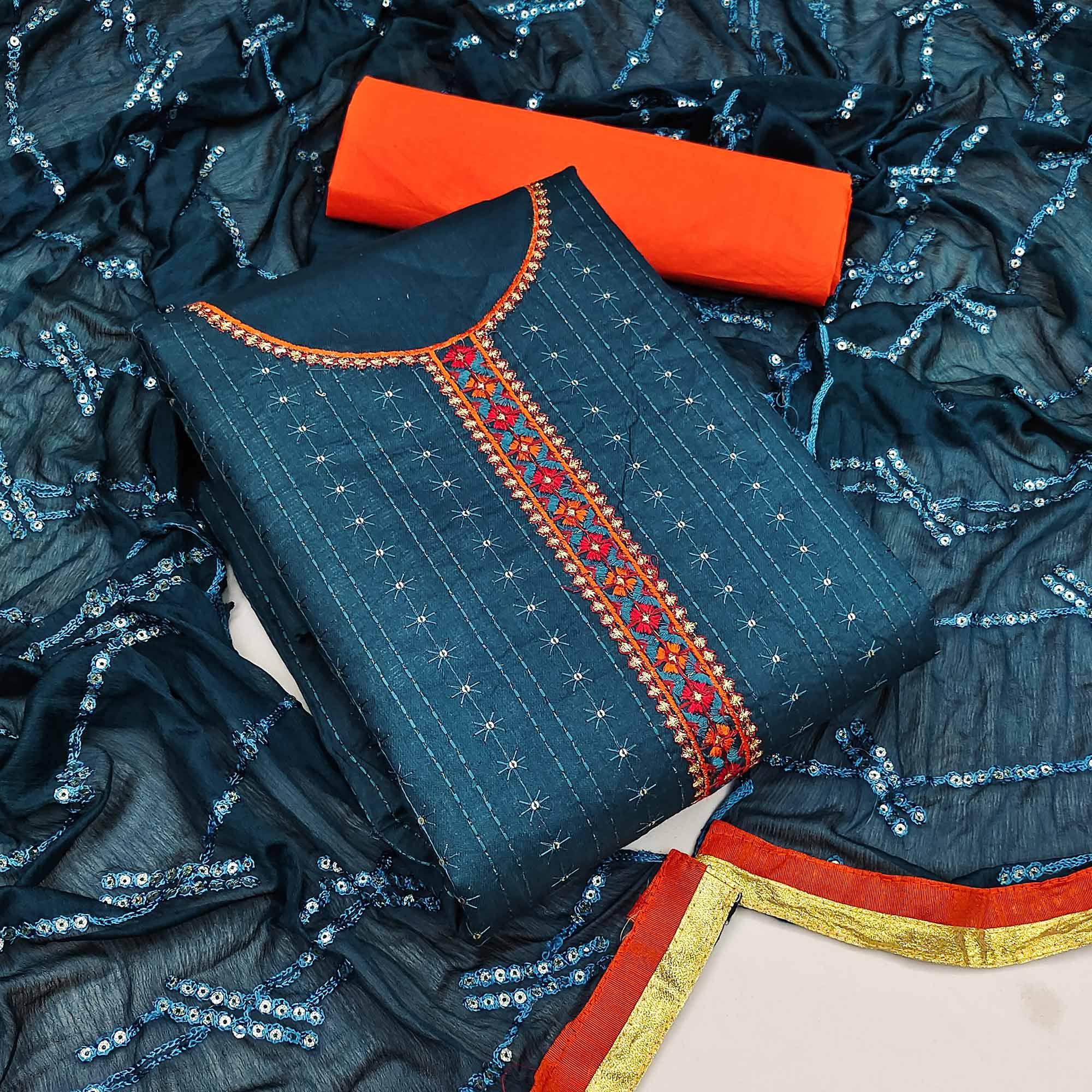 Blue Festive Wear Floral Embroidered Cotton Dress Material - Peachmode