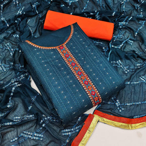 Blue Festive Wear Floral Embroidered Cotton Dress Material - Peachmode