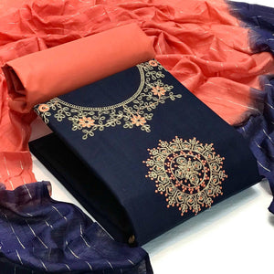 Blue Festive Wear Floral Embroidered Cotton Dress Material - Peachmode