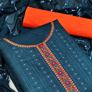 Blue Festive Wear Floral Embroidered Cotton Dress Material - Peachmode