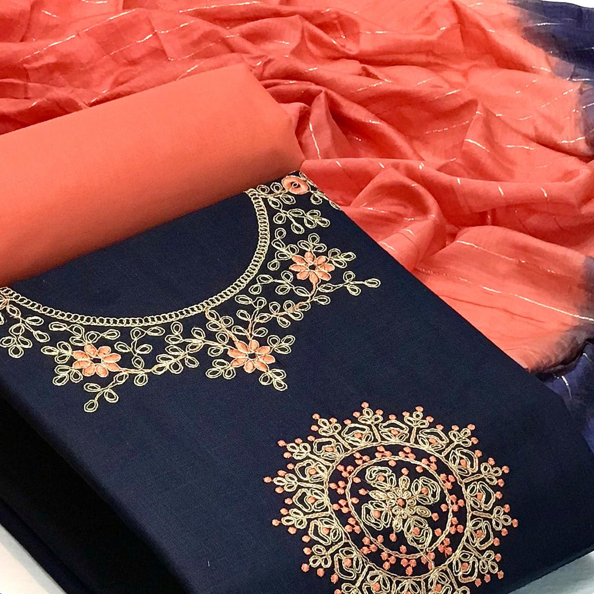 Blue Festive Wear Floral Embroidered Cotton Dress Material - Peachmode