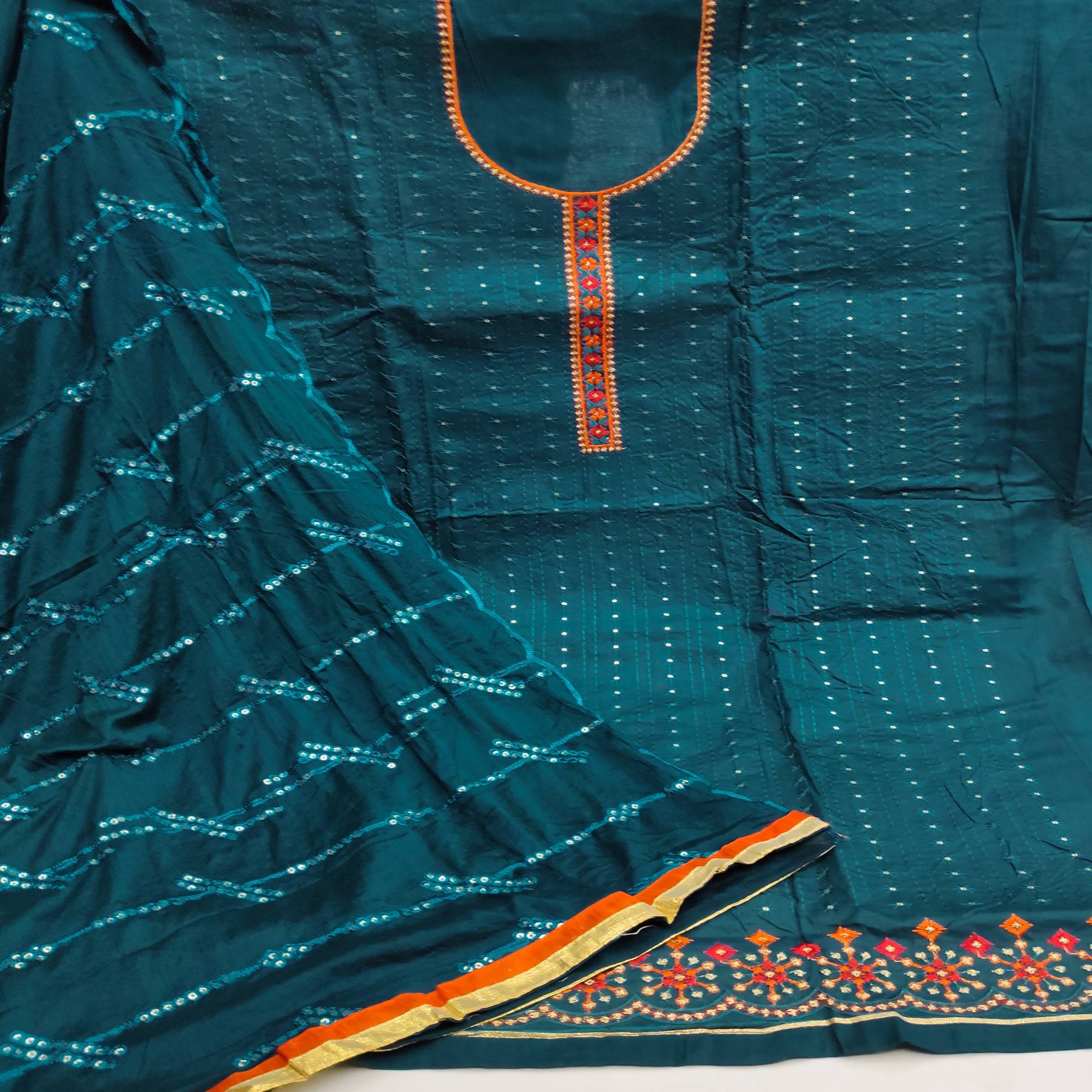 Blue Festive Wear Floral Embroidered Cotton Dress Material - Peachmode