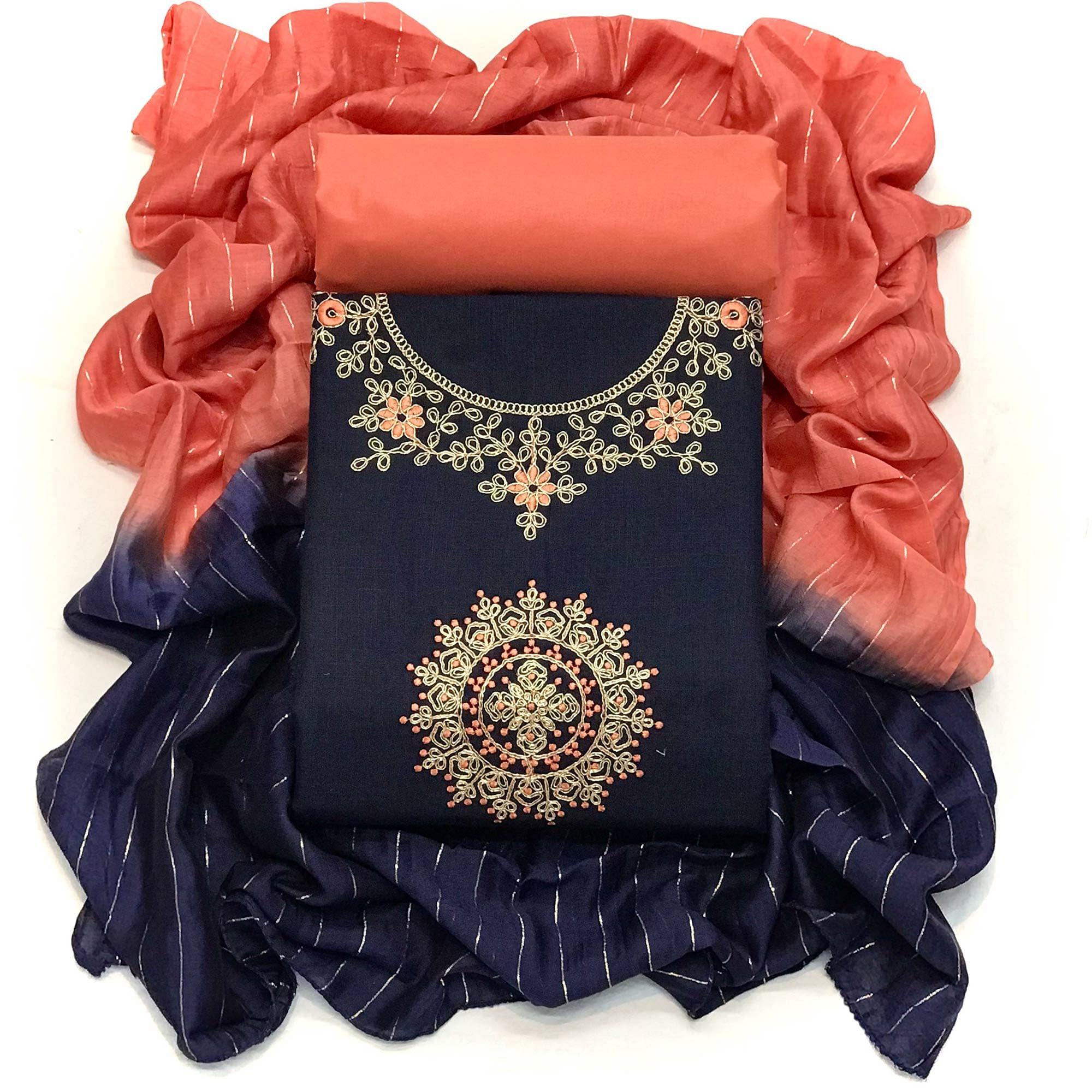 Blue Festive Wear Floral Embroidered Cotton Dress Material - Peachmode