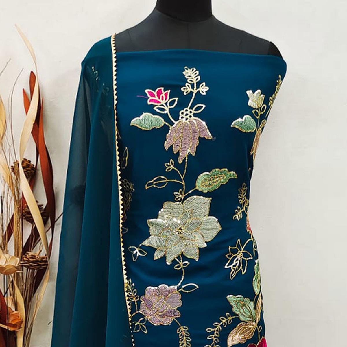 Blue Festive Wear Floral Embroidered Georgette Sharara Suit - Peachmode