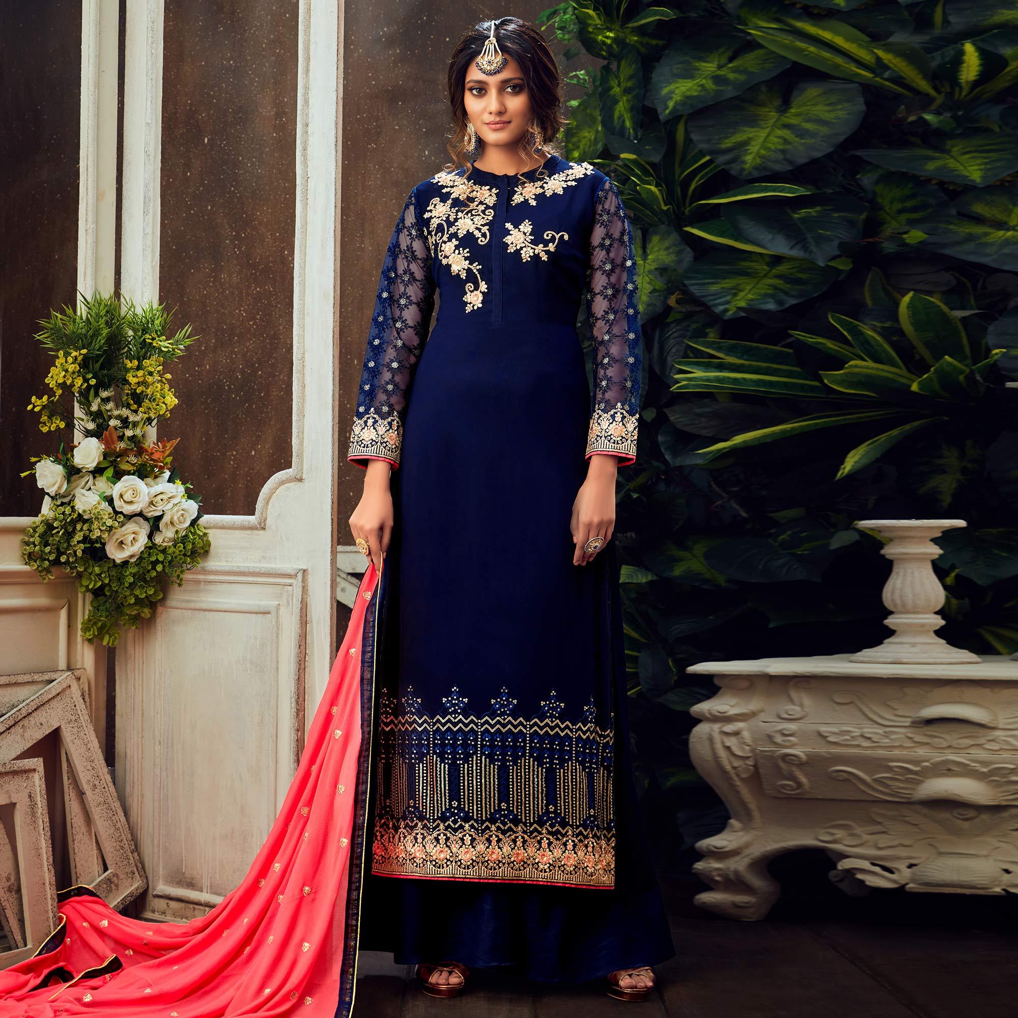 Blue Festive Wear Floral Embroidered Pure Georgette Suit - Peachmode