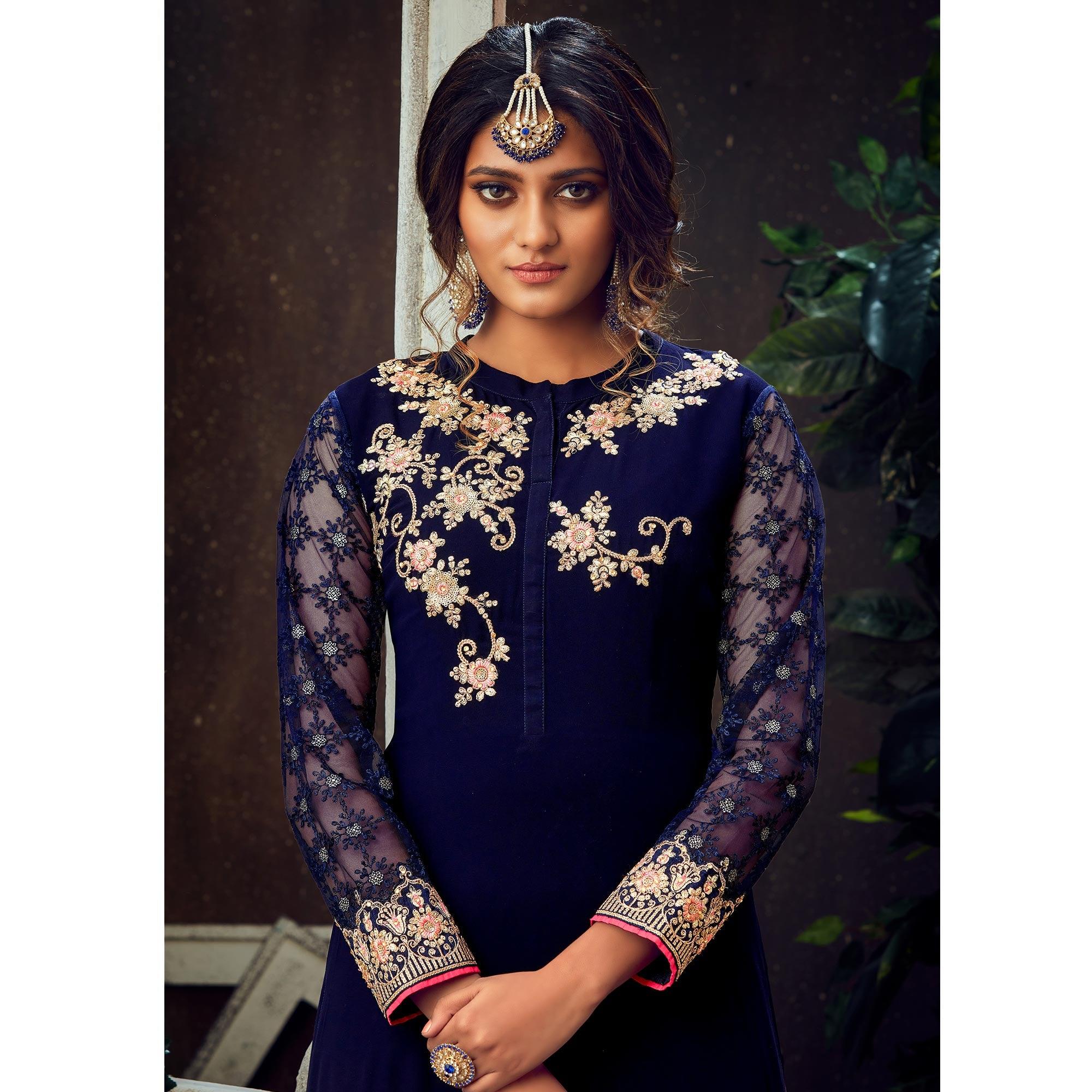 Blue Festive Wear Floral Embroidered Pure Georgette Suit - Peachmode