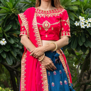 Blue Festive Wear Floral Embroidery With Woven Silk Lehenga Choli - Peachmode