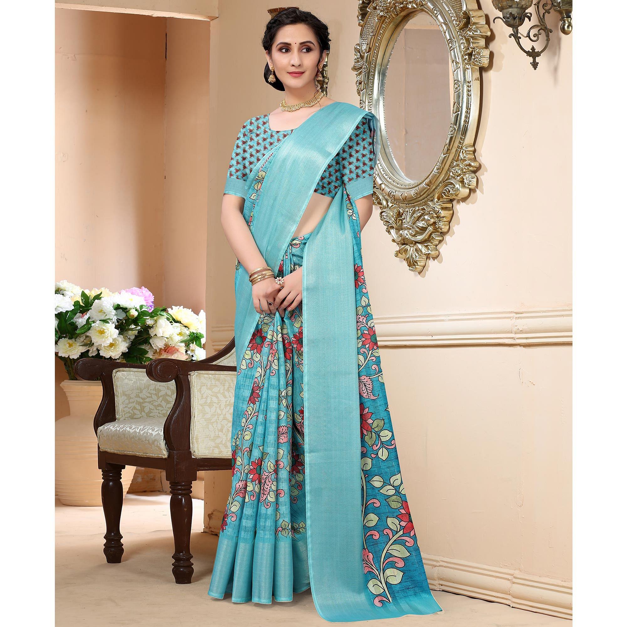 Blue Festive Wear Floral Printed Art Silk Saree - Peachmode