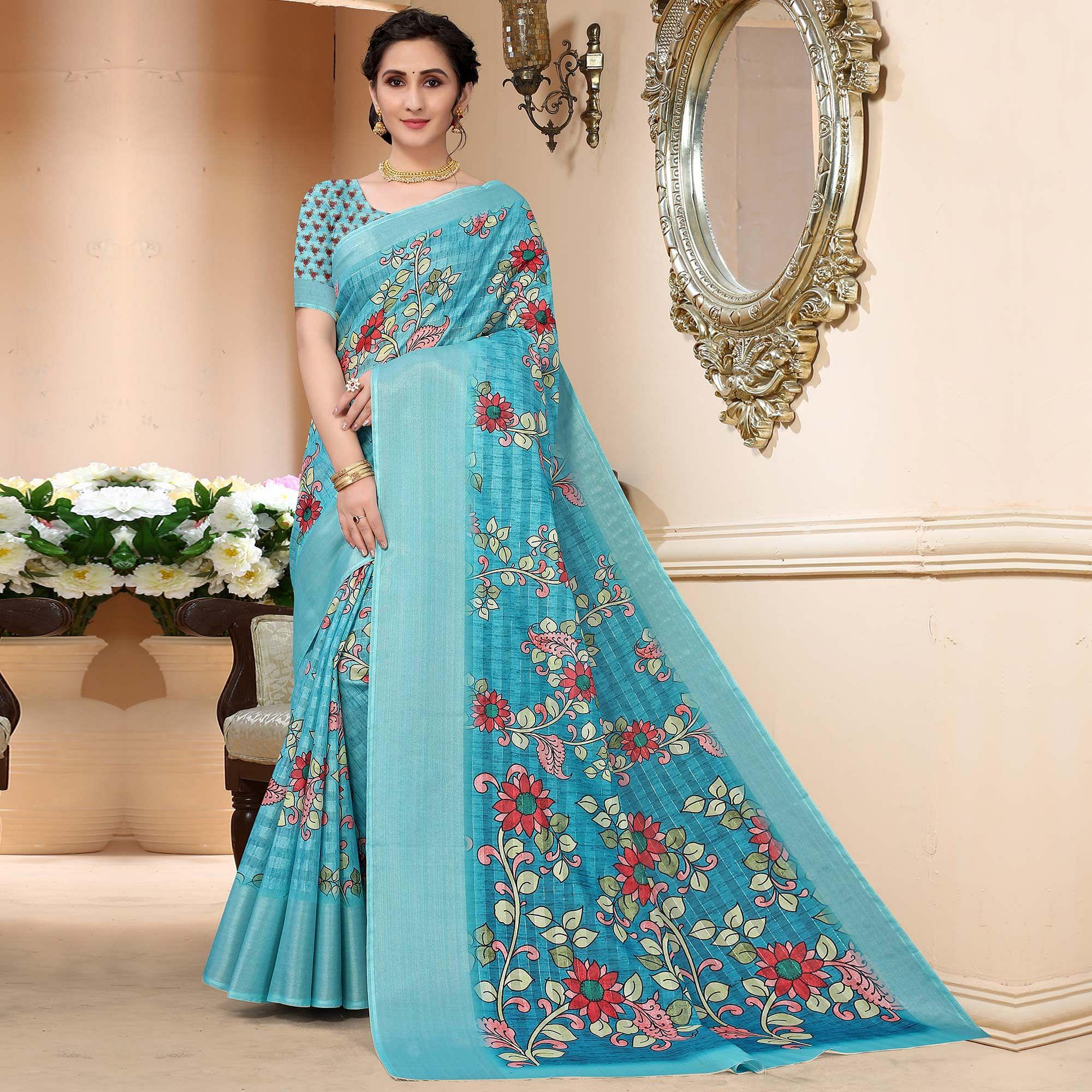 Blue Festive Wear Floral Printed Art Silk Saree - Peachmode