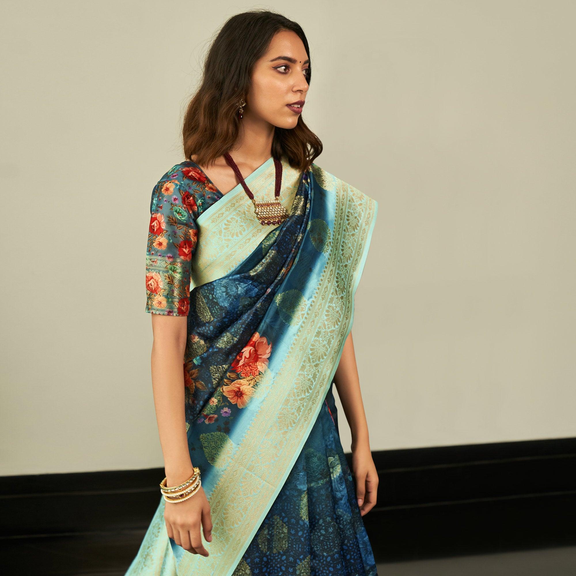 Blue Festive Wear Floral Printed Silk Saree With Woven Border - Peachmode