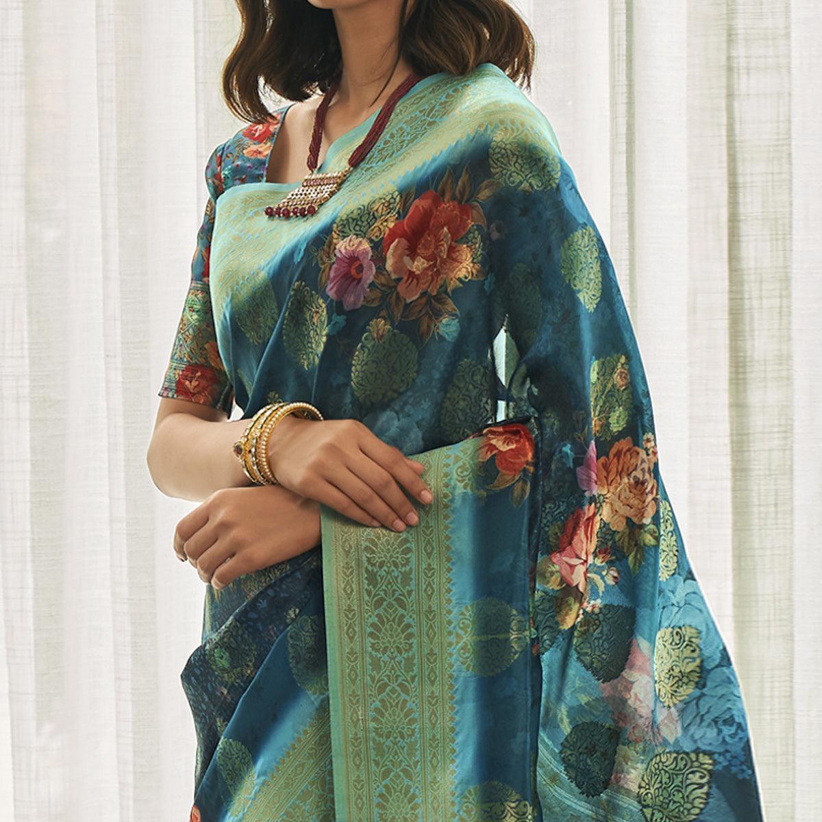 Blue Festive Wear Floral Printed Silk Saree With Woven Border - Peachmode
