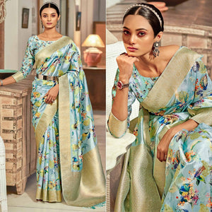 Blue Festive Wear Floral Printed With Woven With Woven Jacquard Saree - Peachmode