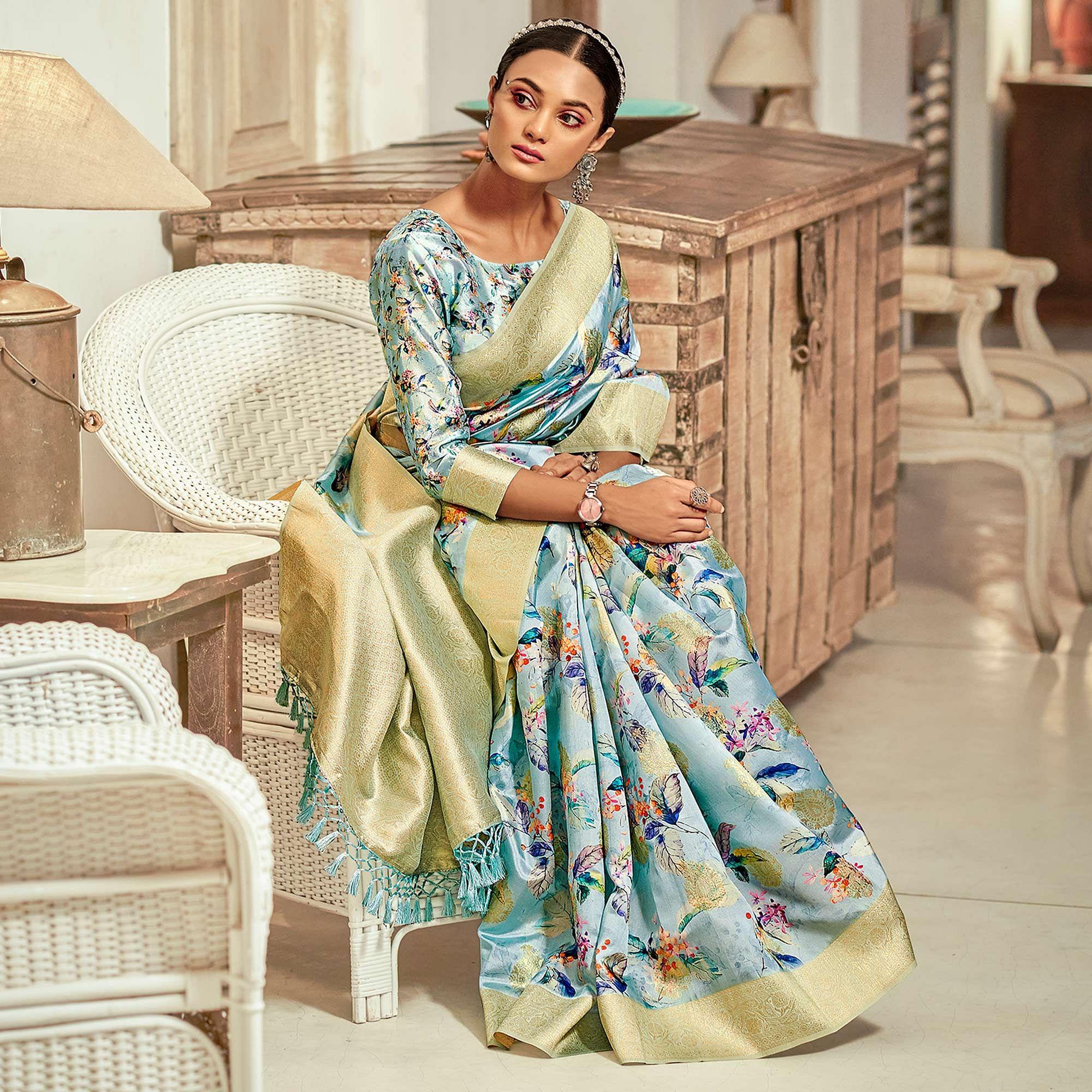 Blue Festive Wear Floral Printed With Woven With Woven Jacquard Saree - Peachmode