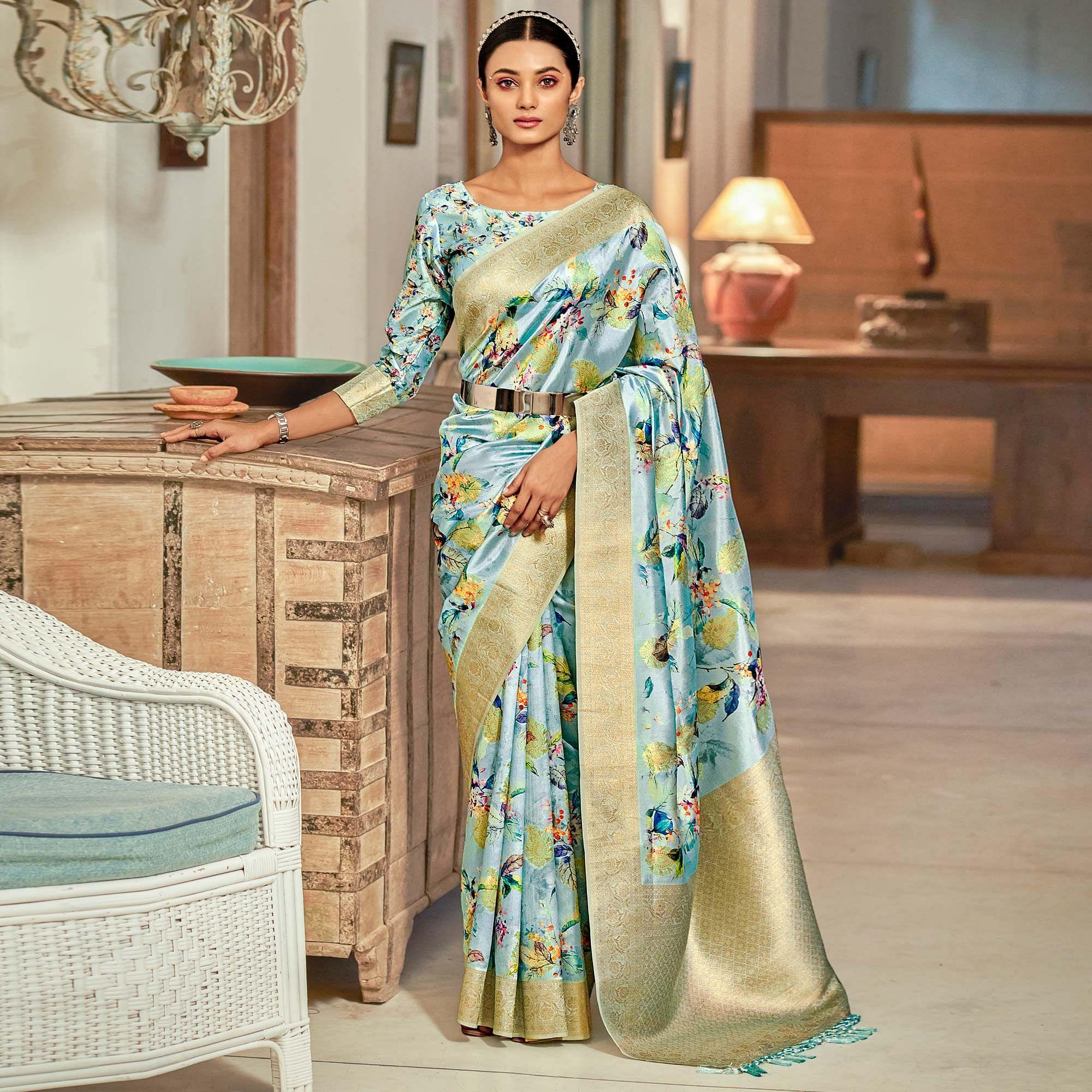 Blue Festive Wear Floral Printed With Woven With Woven Jacquard Saree - Peachmode