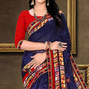 Blue Festive Wear Floral Printed Work Georgette Designer Saree - Peachmode