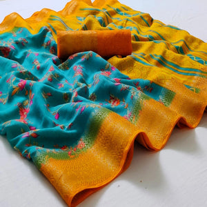 Blue Festive Wear Floral Printed Woven Border Linen Cotton Saree - Peachmode