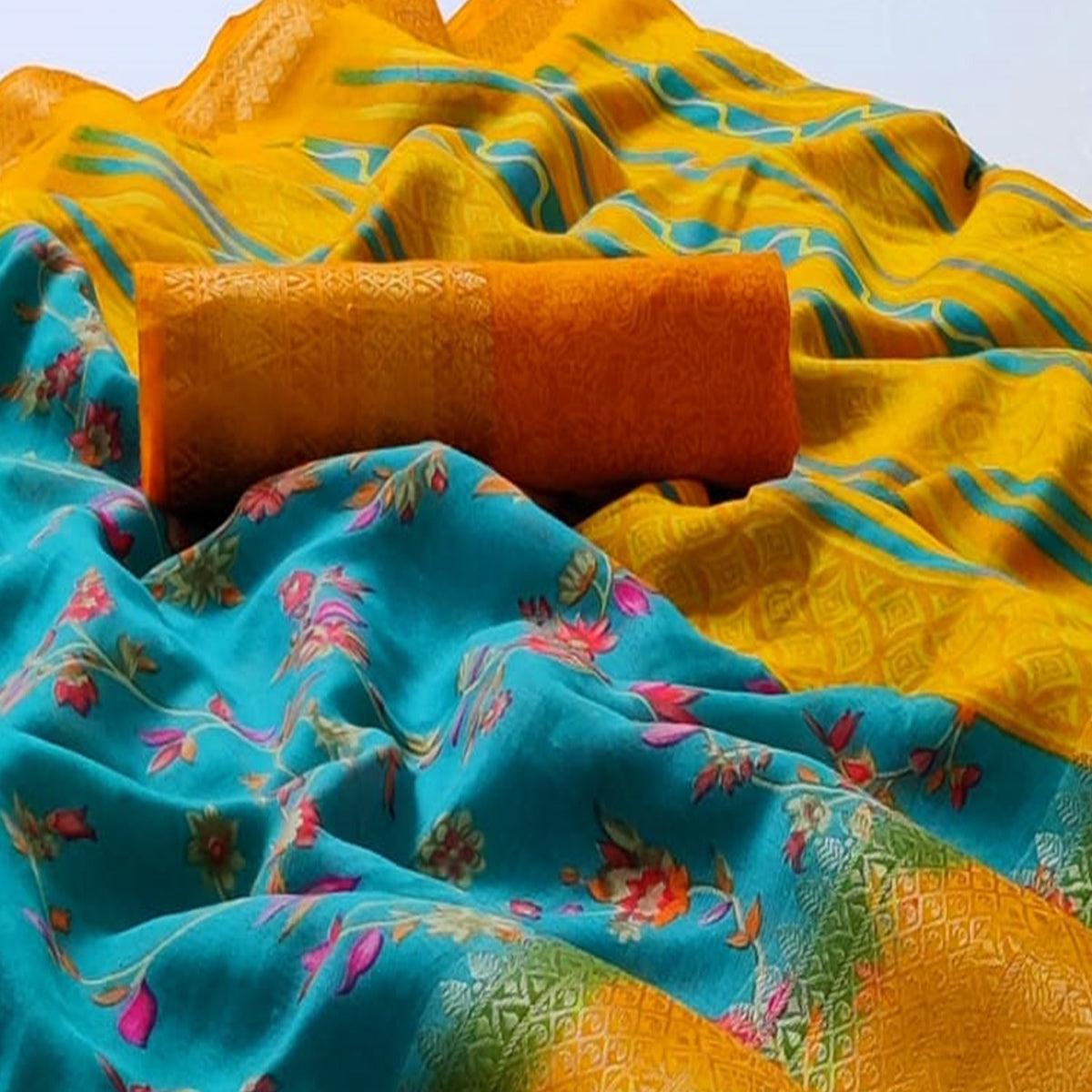 Blue Festive Wear Floral Printed Woven Border Linen Cotton Saree - Peachmode