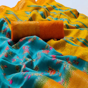 Blue Festive Wear Floral Printed Woven Border Linen Cotton Saree - Peachmode