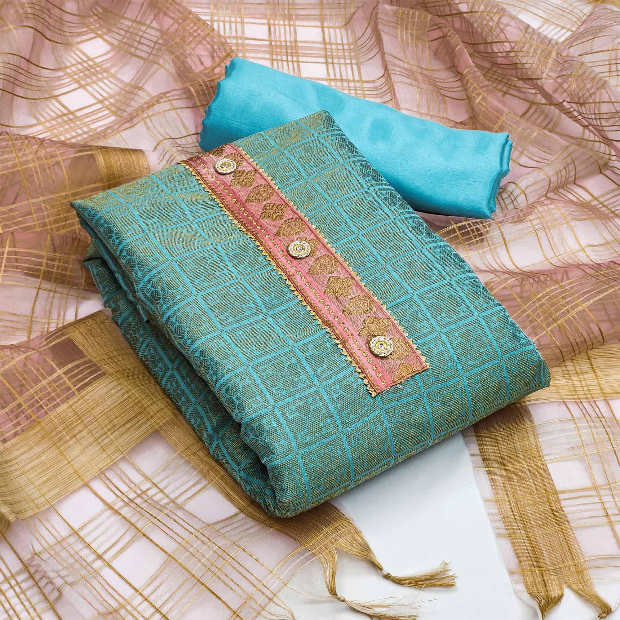 Blue Festive Wear Floral Woven Banarasi Silk Jacquard Dress Material - Peachmode