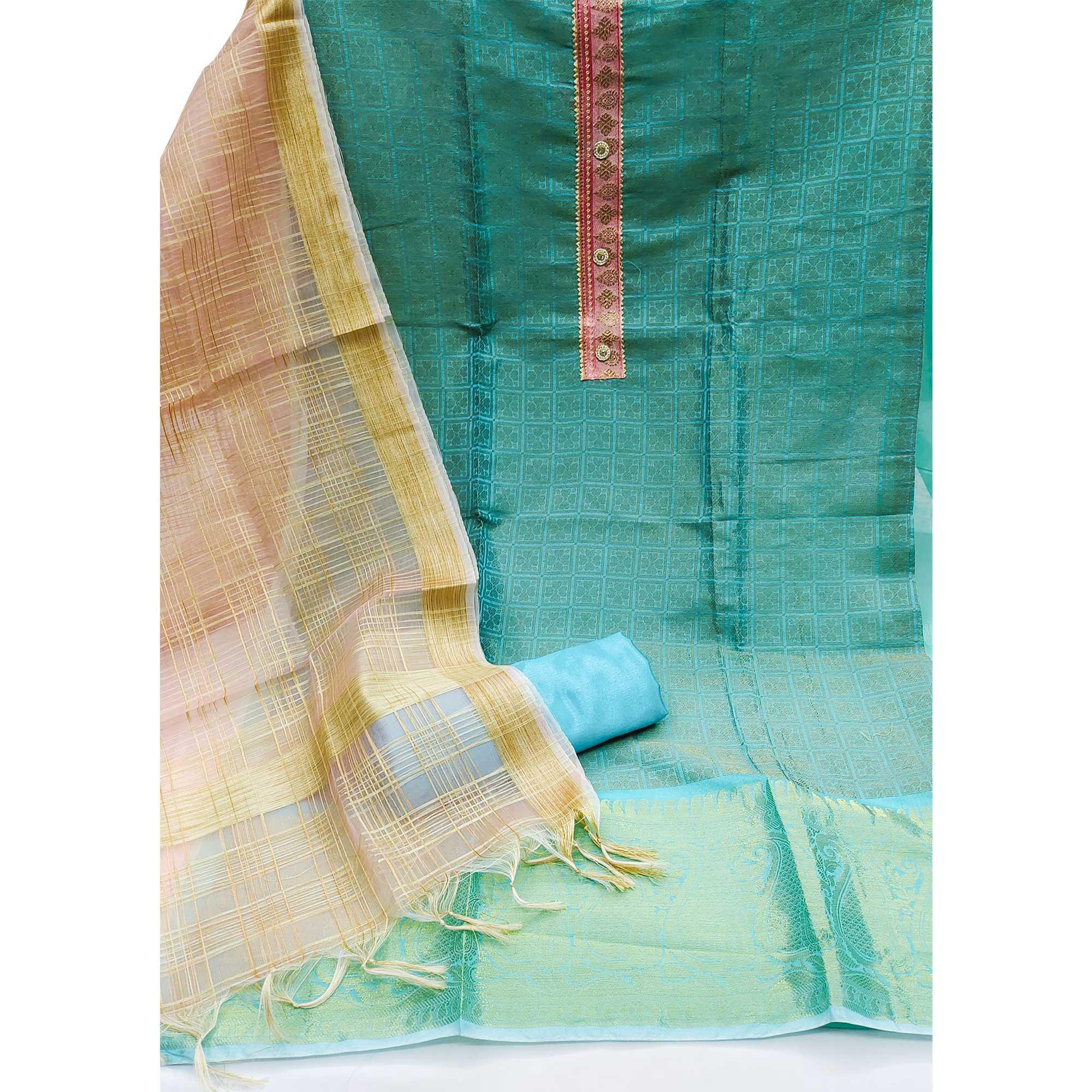 Blue Festive Wear Floral Woven Banarasi Silk Jacquard Dress Material - Peachmode