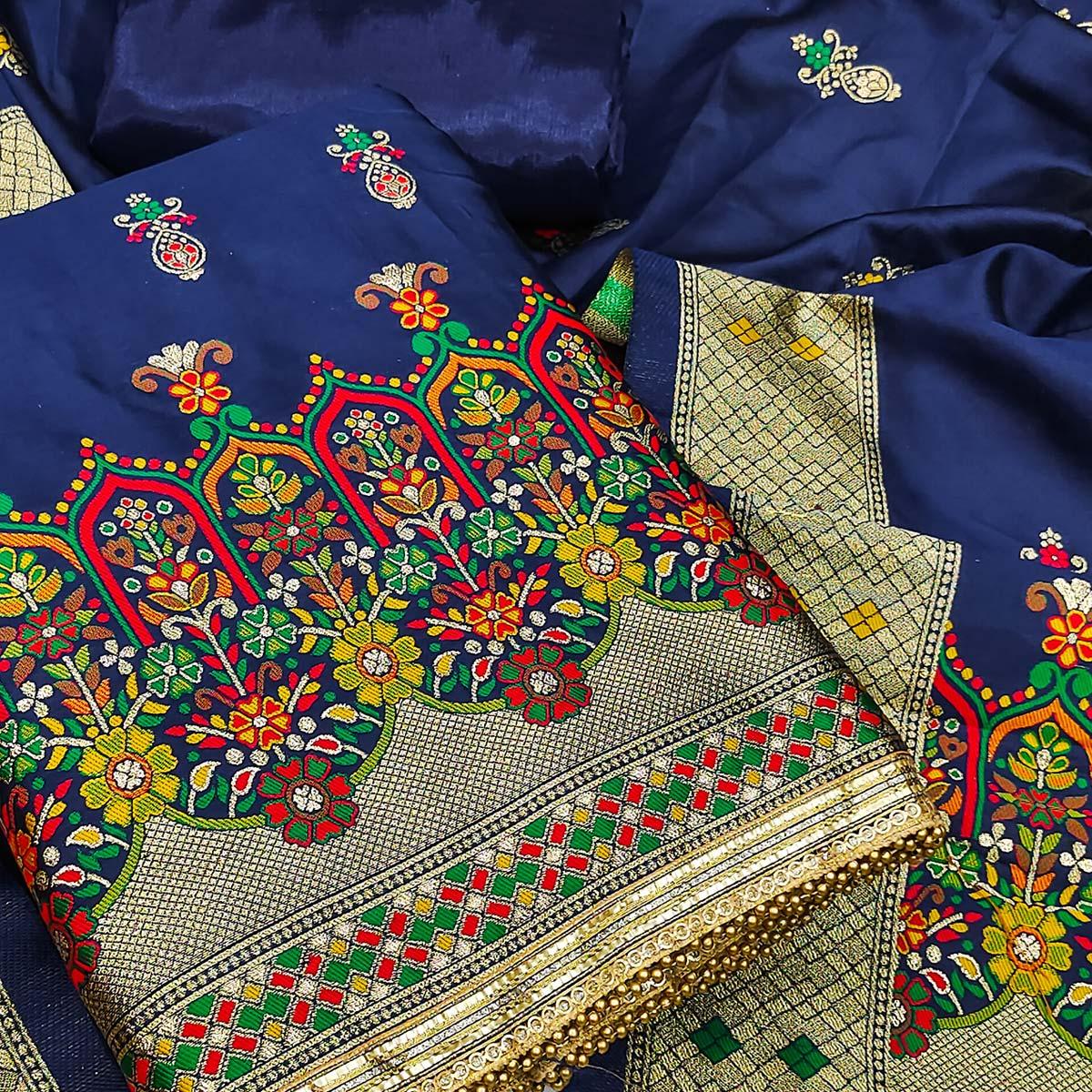 Blue Festive Wear Floral Woven Banarasi Silk Jacquard Dress Material - Peachmode