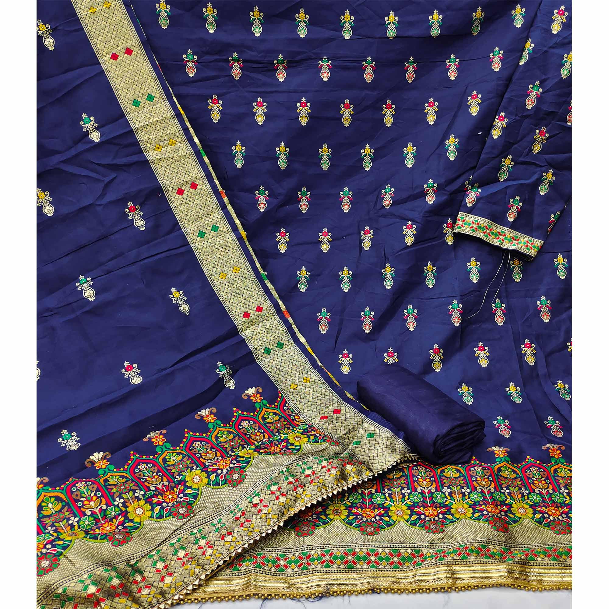 Blue Festive Wear Floral Woven Banarasi Silk Jacquard Dress Material - Peachmode