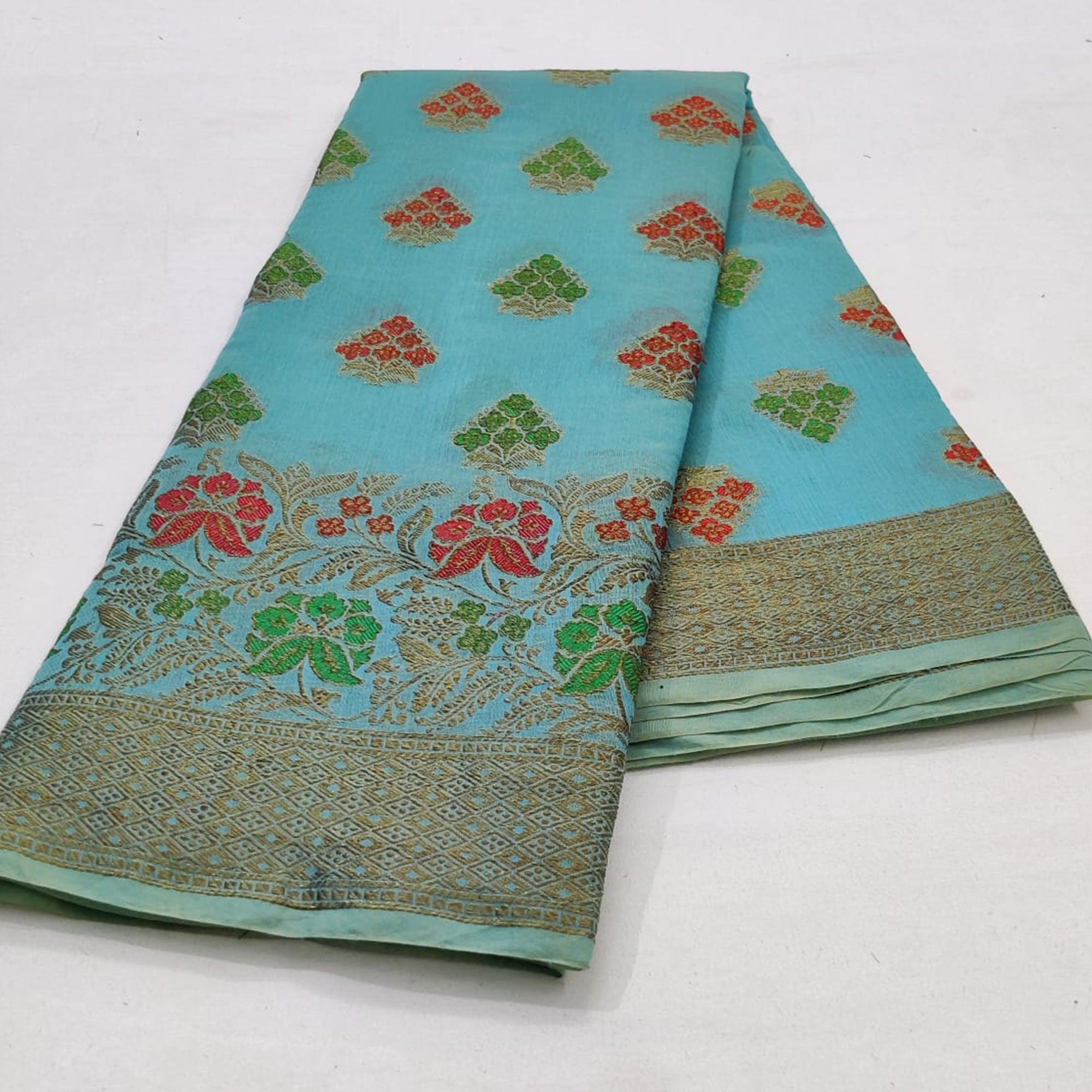Blue Festive Wear Floral Woven Cotton Saree With Meena Butta Pallu - Peachmode