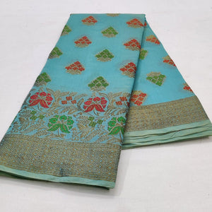 Blue Festive Wear Floral Woven Cotton Saree With Meena Butta Pallu - Peachmode