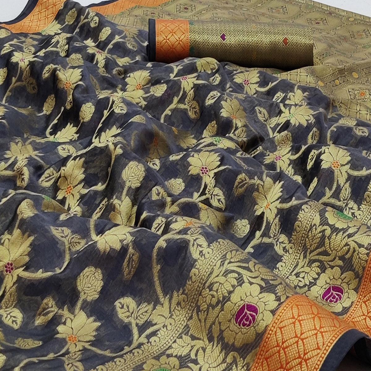 Blue Festive Wear Floral Woven Organza Saree - Peachmode