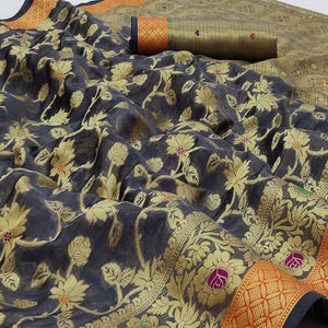 Blue Festive Wear Floral Woven Organza Saree - Peachmode