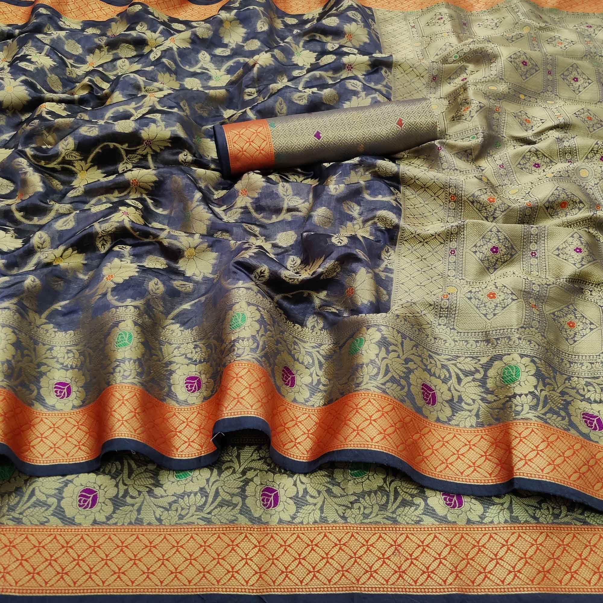 Blue Festive Wear Floral Woven Organza Saree - Peachmode