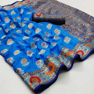Blue Festive Wear Floral Woven Soft Silk Saree - Peachmode