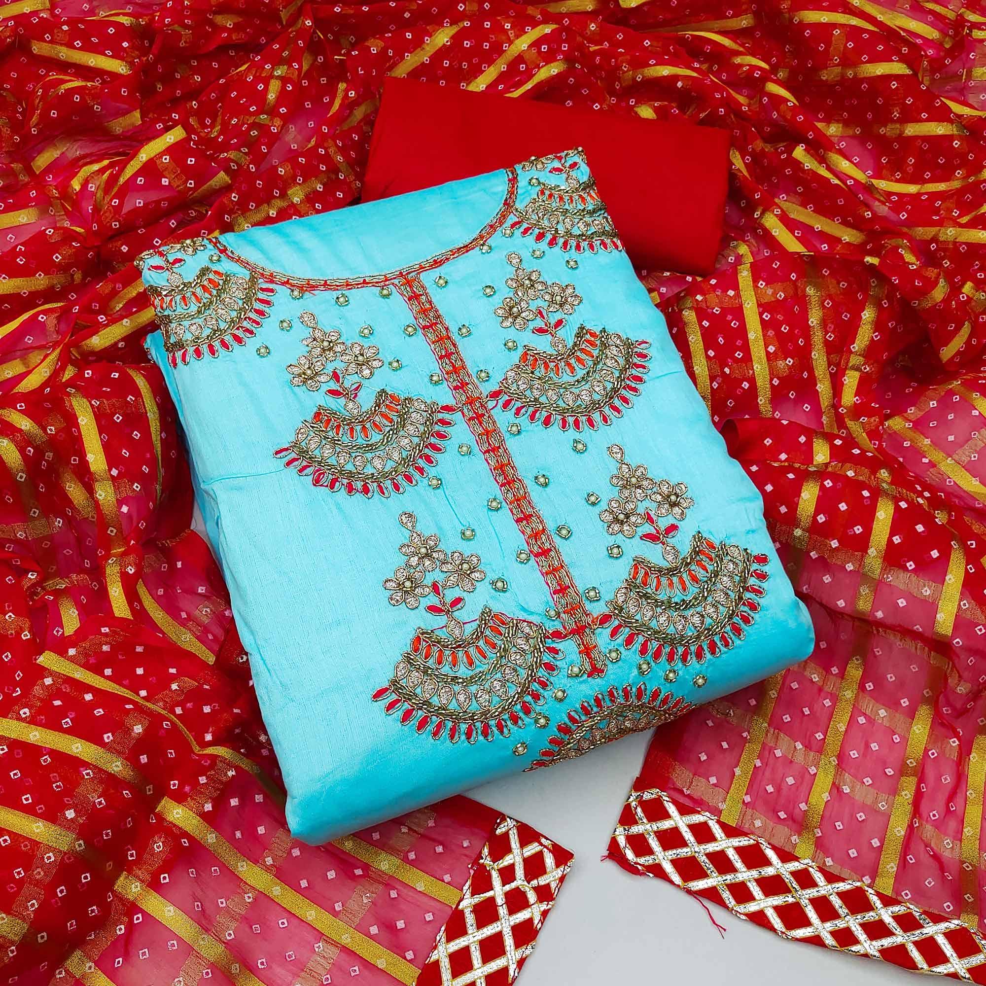 Blue Festive Wear Gota With Embellished Handwrok Cotton Dress Material - Peachmode