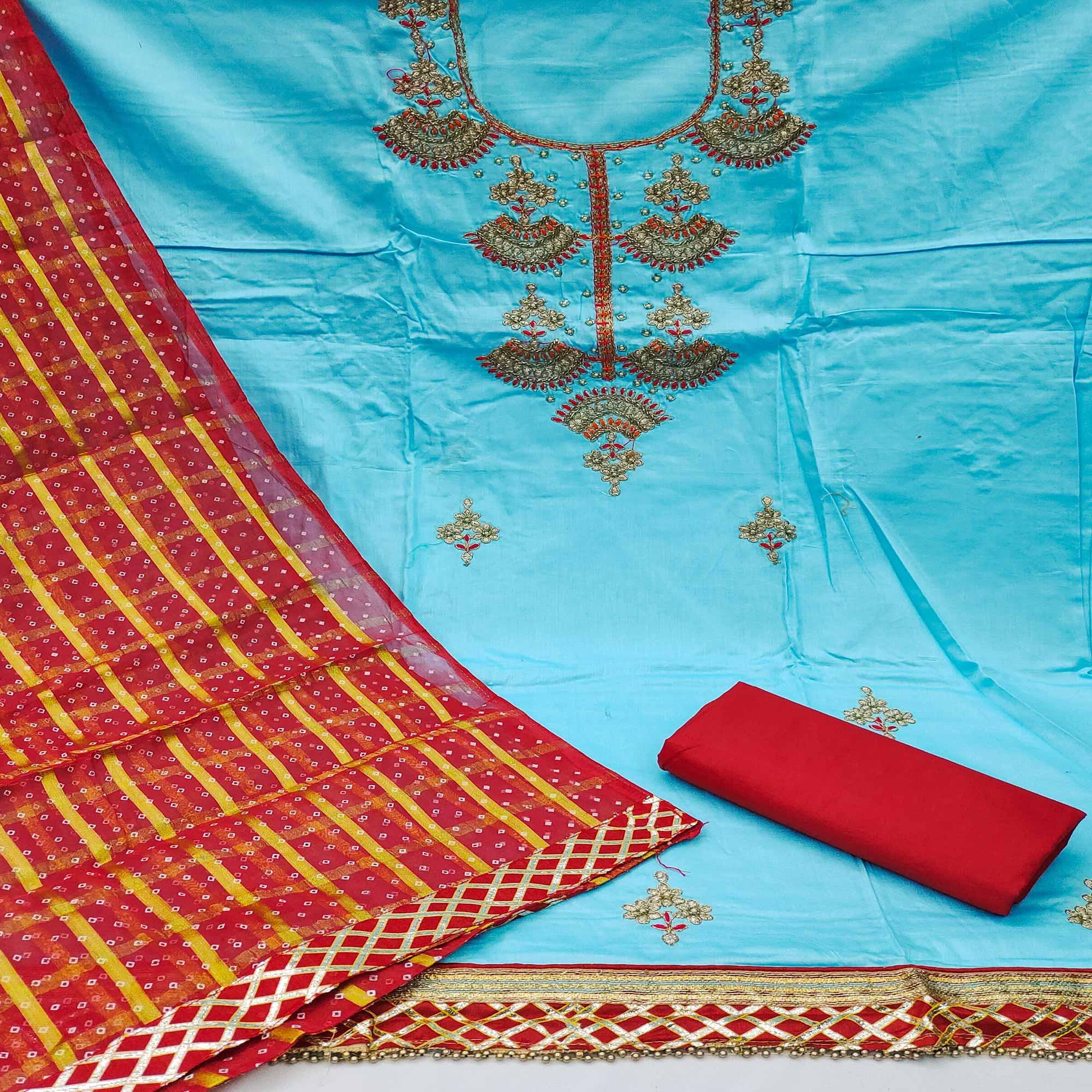 Blue Festive Wear Gota With Embellished Handwrok Cotton Dress Material - Peachmode