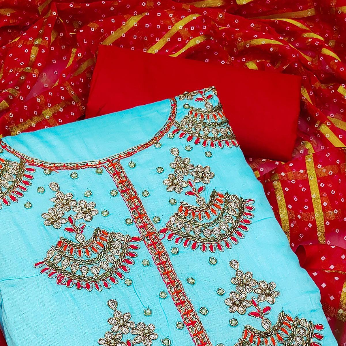 Blue Festive Wear Gota With Embellished Handwrok Cotton Dress Material - Peachmode