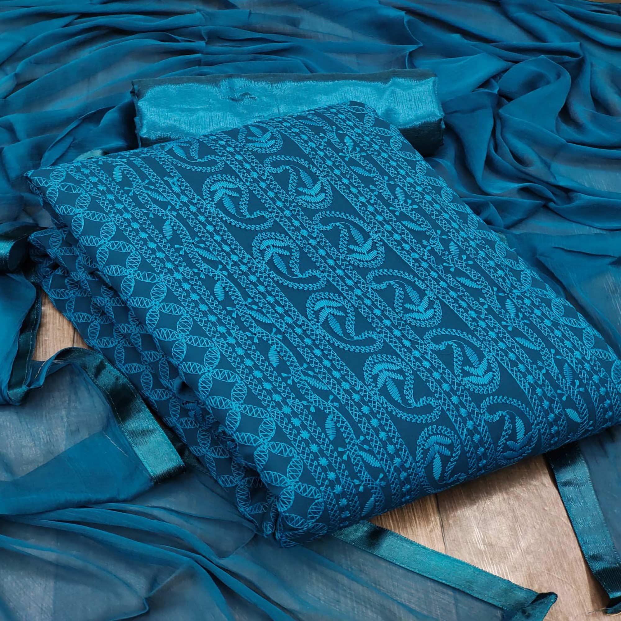 Blue Festive Wear Heavy Embroidered Georgette Dress Material - Peachmode