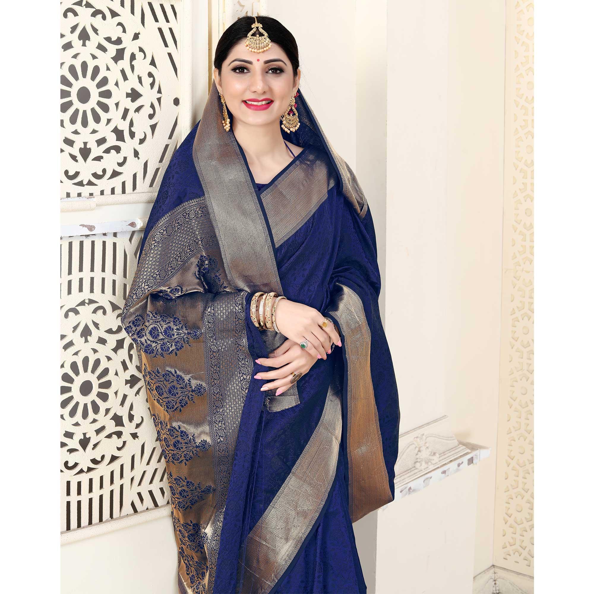 Blue Festive Wear Jacquard Border Soft Silk Saree - Peachmode