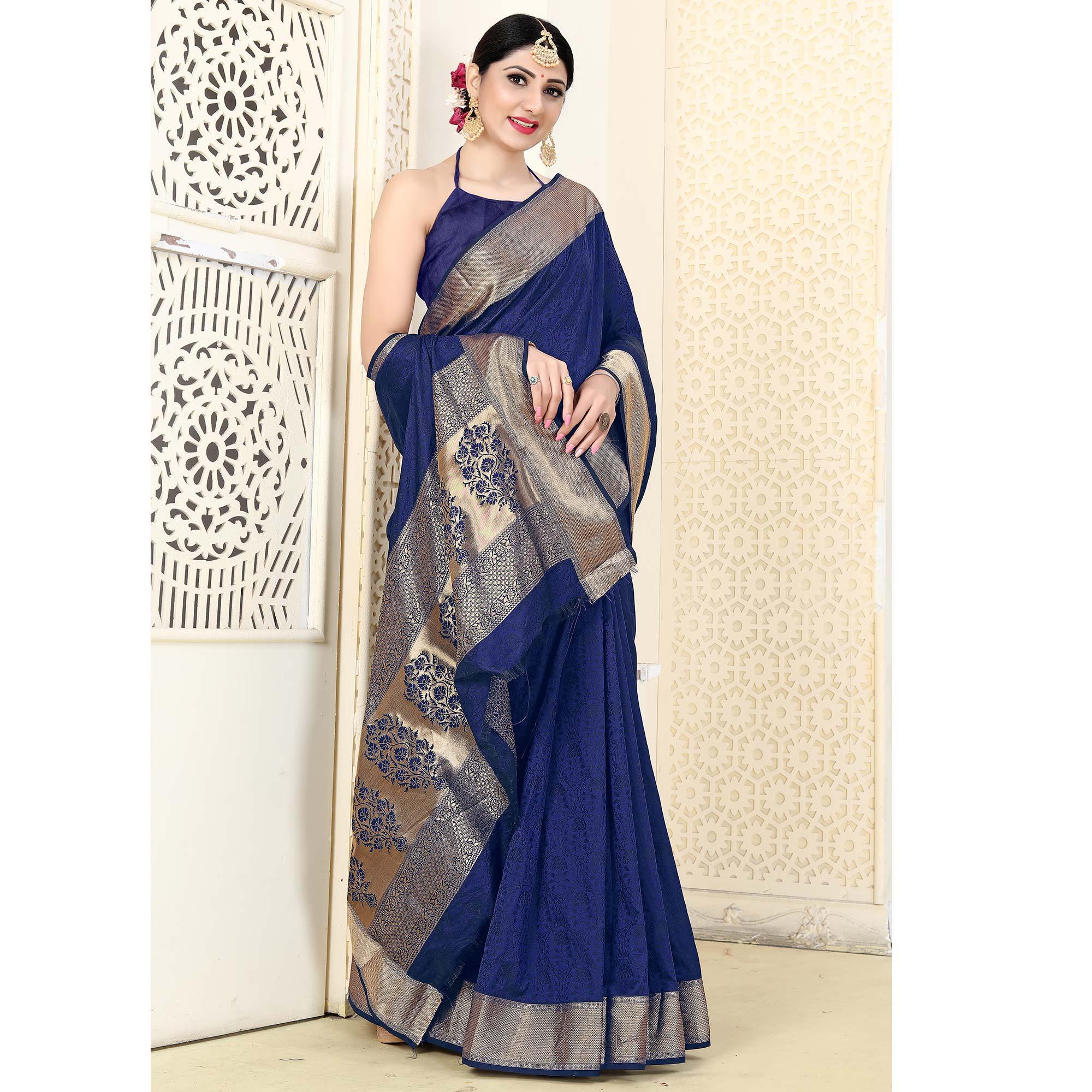 Blue Festive Wear Jacquard Border Soft Silk Saree - Peachmode